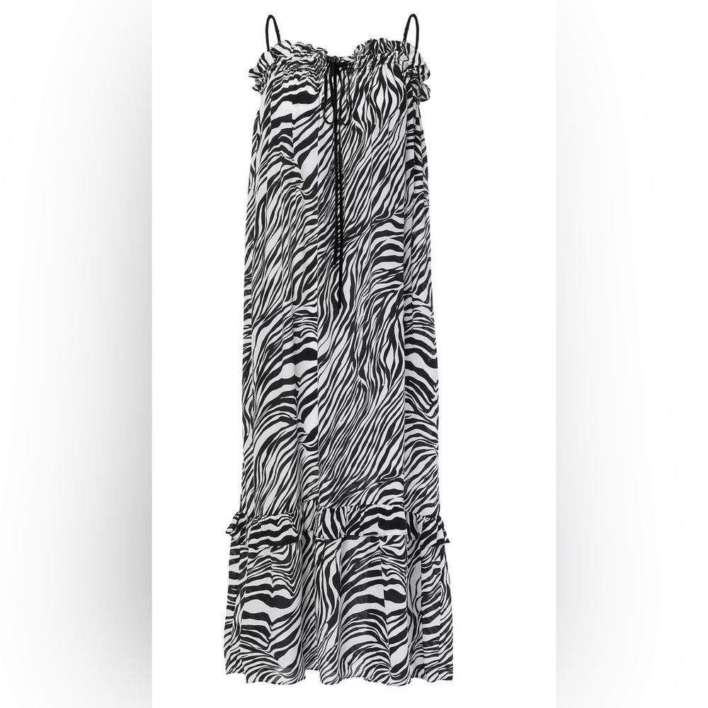 (NWT) MCQ Alexander McQueen Ruffled Zebra-Print Silk Crepe de Chine Midi Dress - Picture 4 of 8